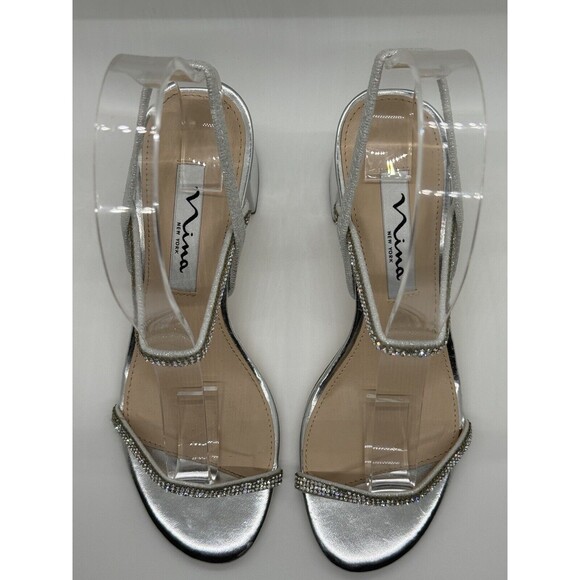 Nina Nissy True Silver Ankle Strap Rhinestone Block Heel Sandal SZ6 1/2 - Picture 9 of 9